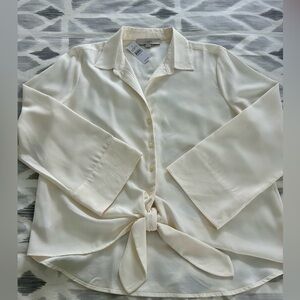 LOFT Cream Front Tie Blouse